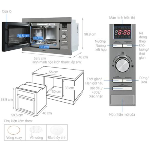 Kích thước lò vi sóng kết hợp nướng Hafele HM-B38D 538.31.200