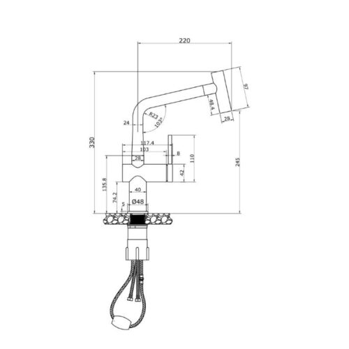 Kích thước rửa bát nóng lạnh Konox Volta Chrome có dây rút